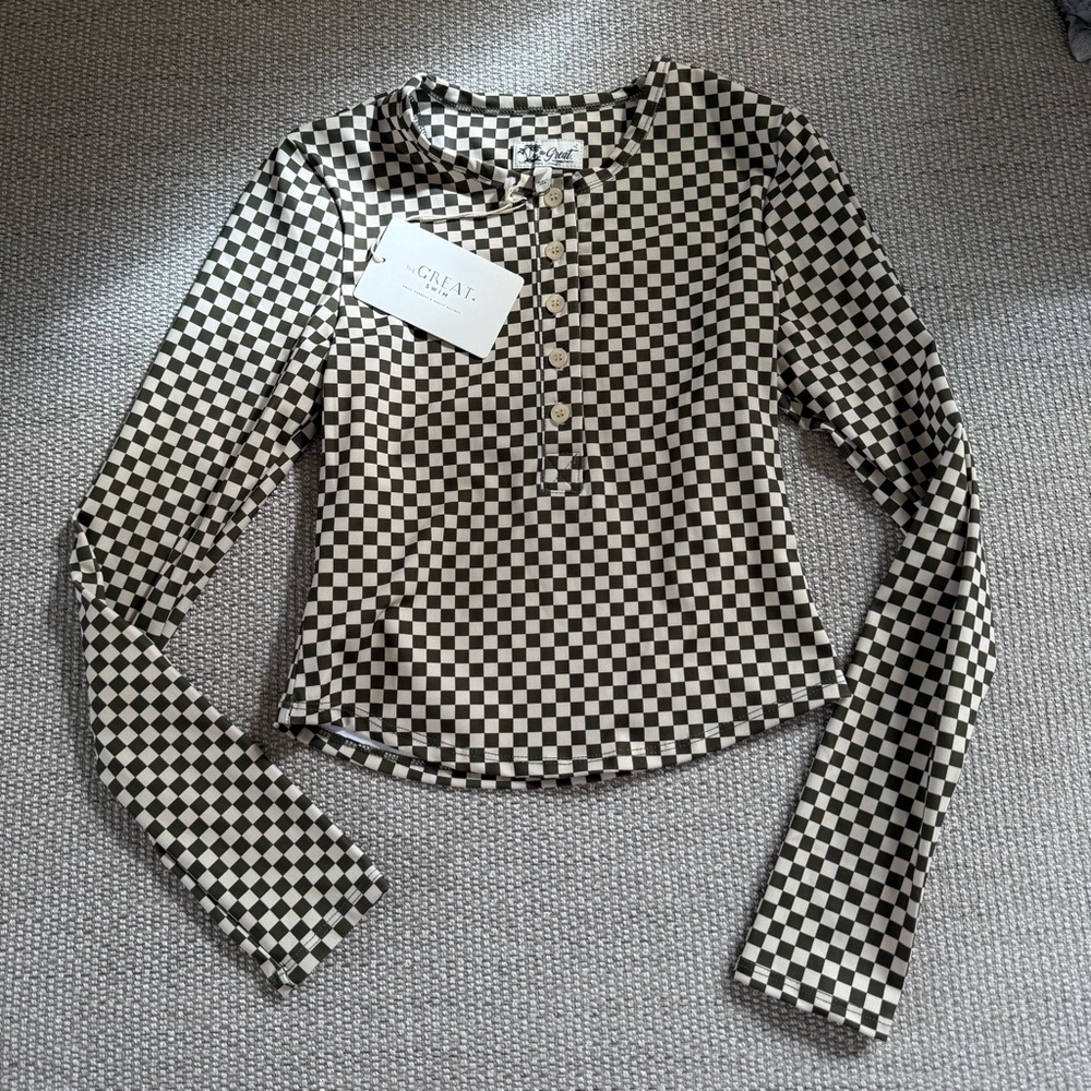 THE GREAT.  Long Sleeve Rashguard Henley size 0 Larmy Checkered Green and Cream